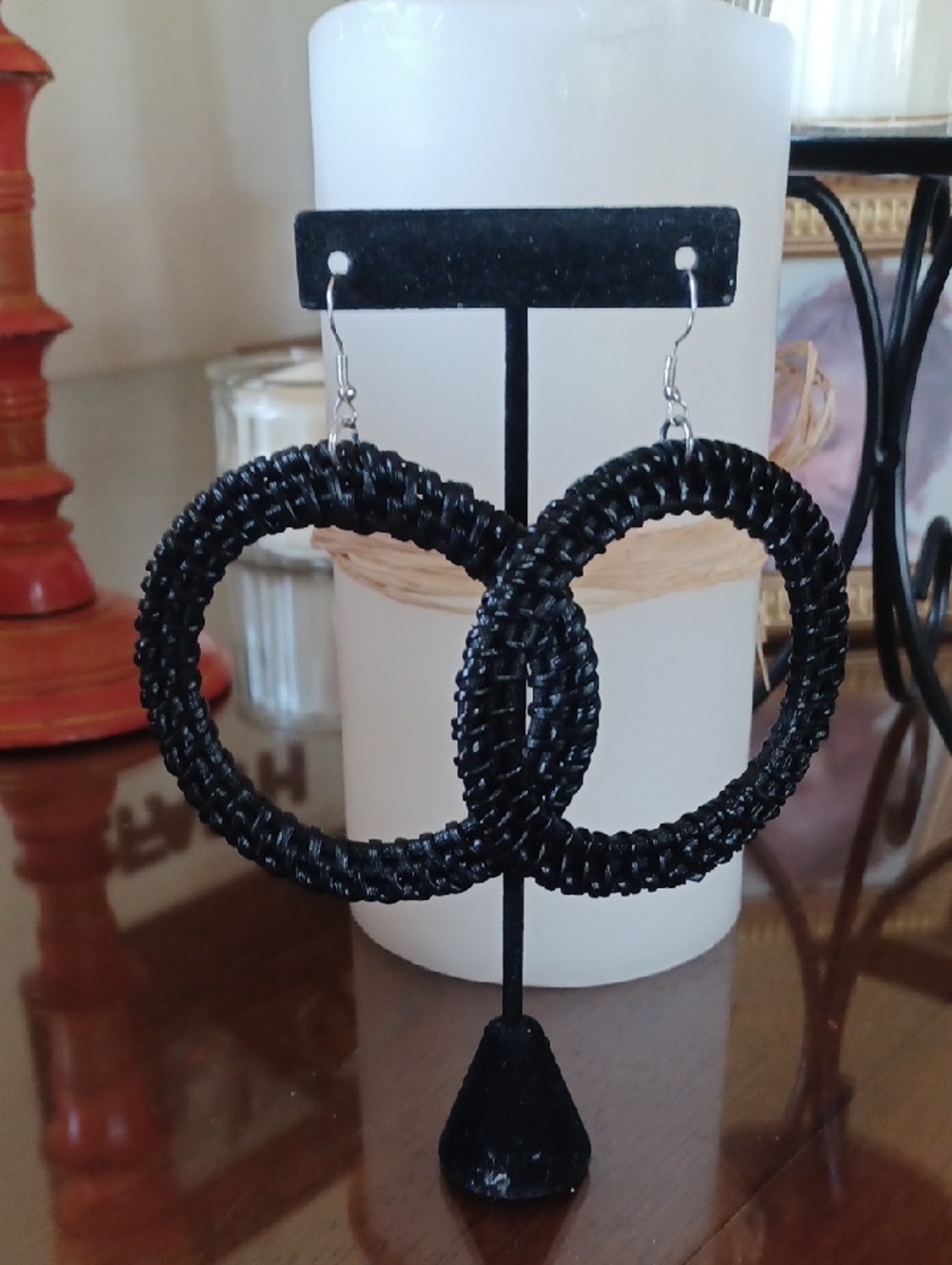 Black Wicker Oversized Hoop Dangle Earrings